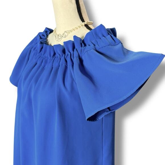 Pleione Womens Off the Shoulder Flutter Sleeve Mini Shift Dress Blue Large - Picture 2 of 10
